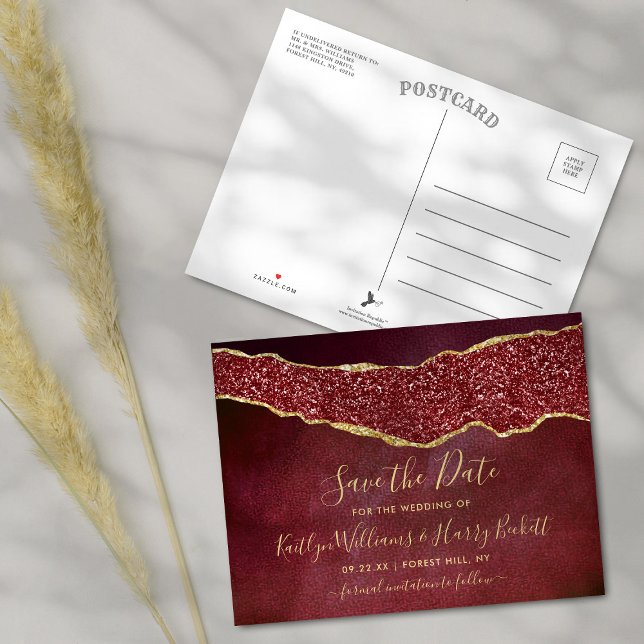 Postal De Anuncios Elegante Burgundy Agate Boda Guardar la Fecha (Subido por el creador)