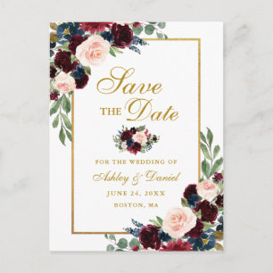 Postal De Anuncios Elegante Burgundy Azul Floral Dorado Save the Date