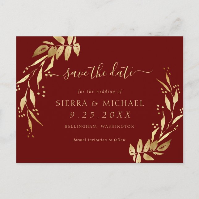 Postal De Anuncios Elegante Burgundy con Foliaje Dorado para Save the (Anverso)