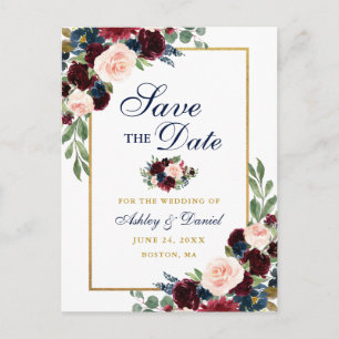 Postal De Anuncios Elegante Burgundy Floral Dorado Azul Salva la Fech