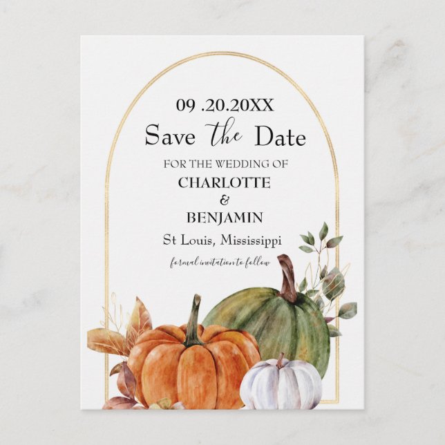 Postal De Anuncios Elegante calabaza de acuarela Boda Guardar la fech (Anverso)