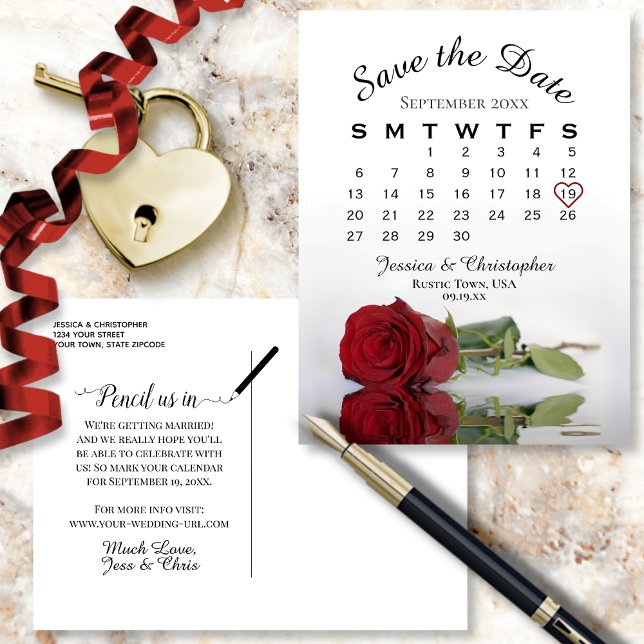 Postal De Anuncios Elegante calendario de Bodas de la Rosa Roja salva (Front and Back)