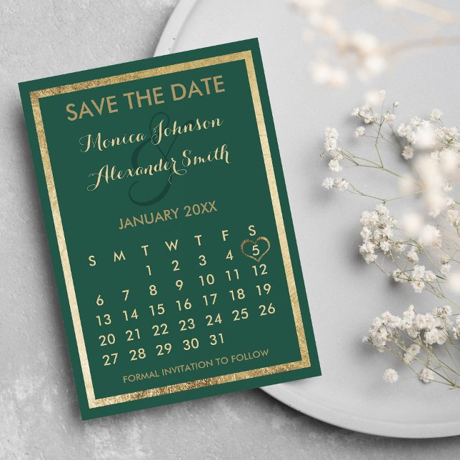 Postal De Anuncios Elegante calendario de oro verde forestal Guardar  (Elegant modern forest green faux gold Table Number 1)