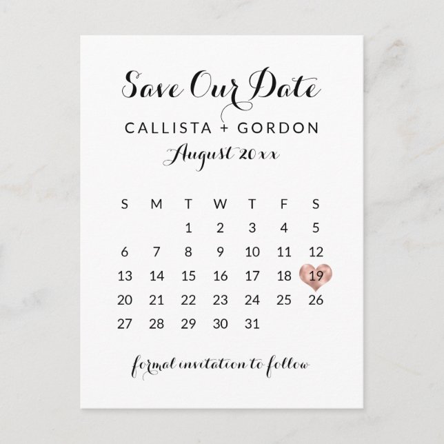 Postal De Anuncios Elegante Calendario Moderno de Corazón en Oro Rosa (Anverso)