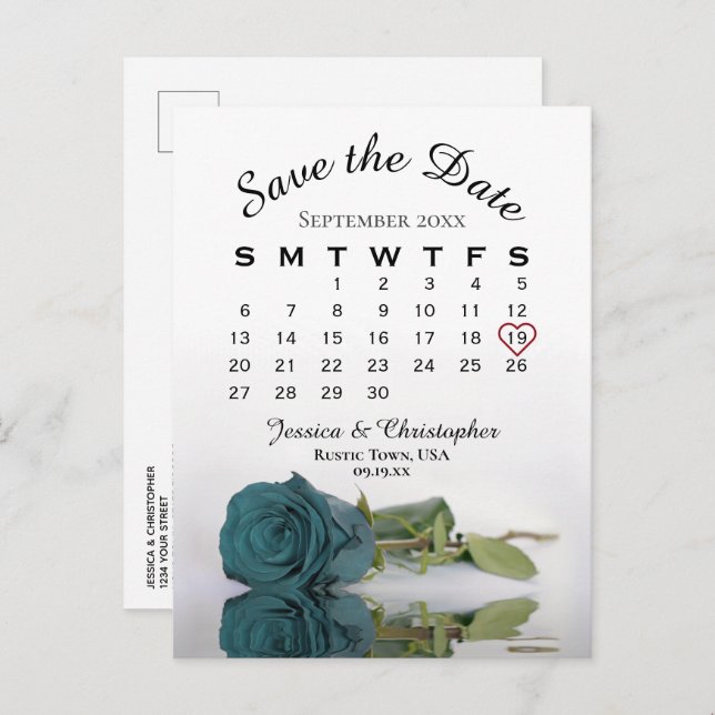 Postal De Anuncios Elegante calendario Rosa Verde azulado Boda Guarda (Anverso / Reverso)
