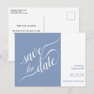 Postal De Anuncios Elegante Caligrafía Azul Ahorra la Fecha de Boda