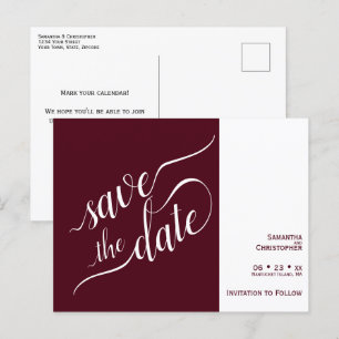Postal De Anuncios Elegante caligrafía Boda Borgoña Salva la Fecha