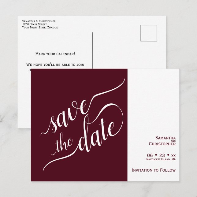 Postal De Anuncios Elegante caligrafía Boda Borgoña Salva la fecha (Anverso / Reverso)