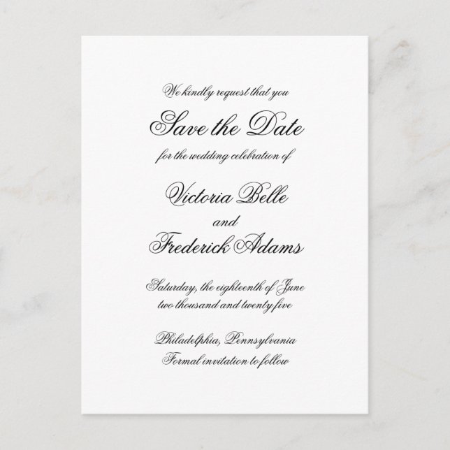 Postal De Anuncios Elegante caligrafía Boda formal salva la fecha (Anverso)