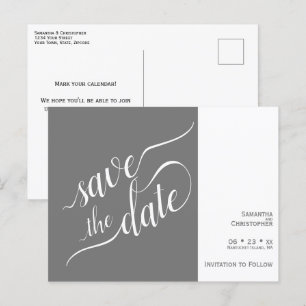 Postal De Anuncios Elegante caligrafía Boda gris salva la fecha