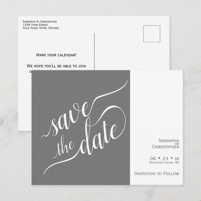 Postal De Anuncios Elegante caligrafía Boda gris salva la fecha (Anverso / Reverso)