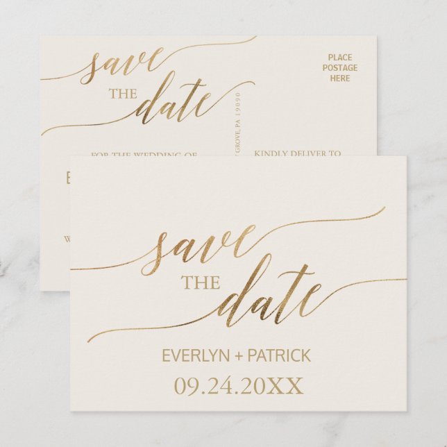 Postal De Anuncios Elegante caligrafía de oro | Marfil Salva la fecha (Anverso / Reverso)