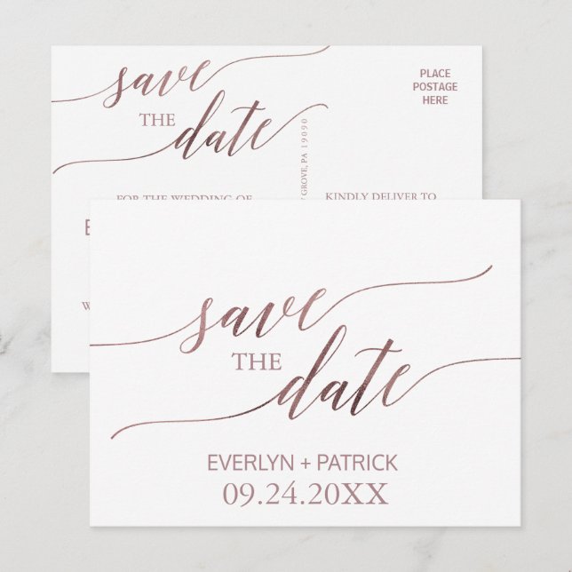 Postal De Anuncios Elegante caligrafía de oro Rosa Salven la fecha (Anverso / Reverso)