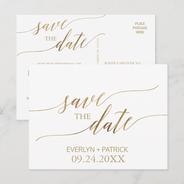 Postal De Anuncios Elegante caligrafía de oro salva la fecha (Anverso / Reverso)
