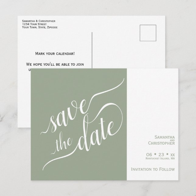 Postal De Anuncios Elegante Caligrafía Verde Claro Boda Guardar la Fe (Anverso / Reverso)