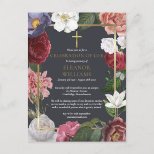 Postal De Anuncios Elegante Celebración de la Vida Rosa Floral Funera