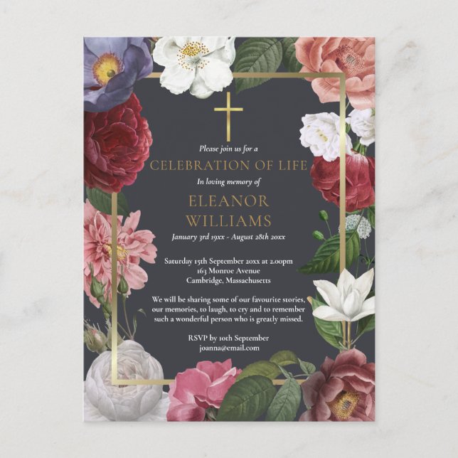 Postal De Anuncios Elegante Celebración de la Vida Rosa Floral Funera (Anverso)