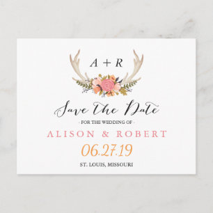 Postal De Anuncios Elegante Chic Floral Blanco Cuerno Save the Date
