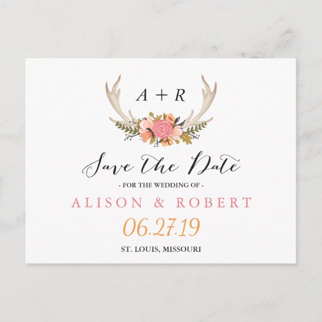 Postal De Anuncios Elegante Chic Floral Blanco Cuerno Save the Date (Anverso)