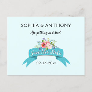 Postal De Anuncios Elegante cinta azul y floral Guardar la fecha