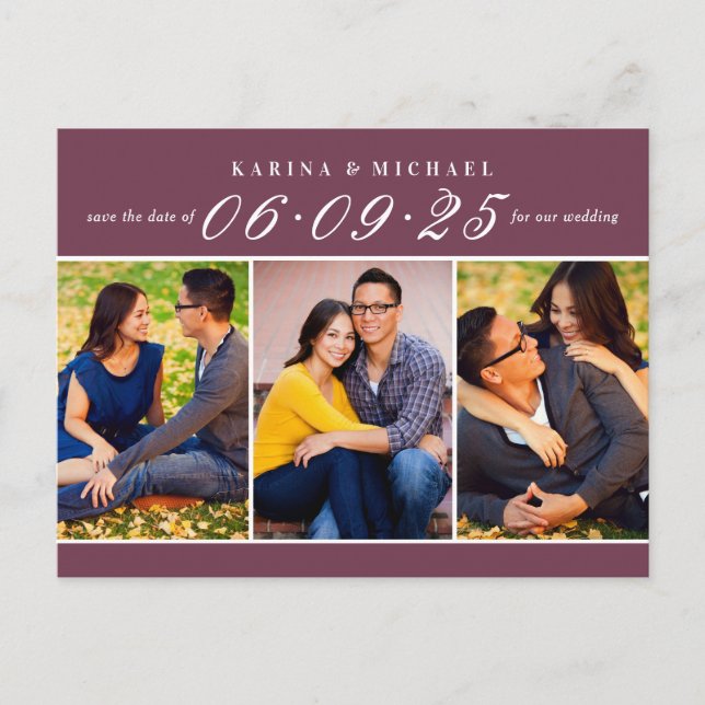 Postal De Anuncios Elegante Colage de Fotos Burgundy Save the Date (Anverso)