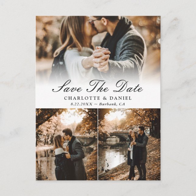 Postal De Anuncios Elegante Collage de Fotos de Boda Guardar la Fecha (Anverso)