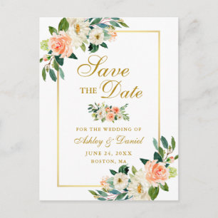 Postal De Anuncios Elegante Coral Floral Save the Date Dorado