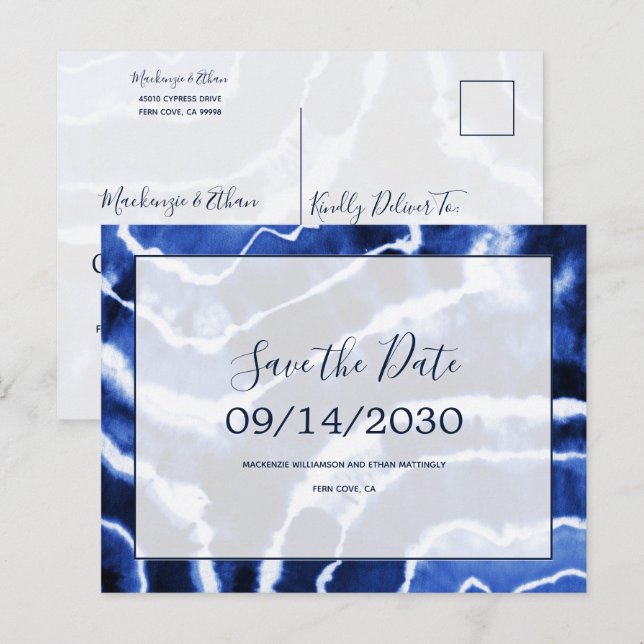 Postal De Anuncios Elegante Cravata de Mármol Azul Marino Boda Guarda (Anverso / Reverso)
