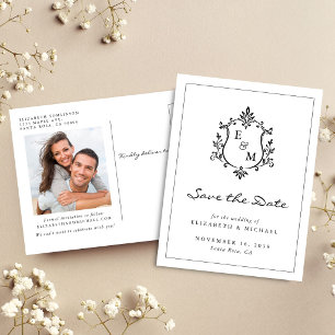 Postal De Anuncios Elegante cresta de monograma de boda foto guardar