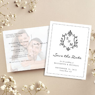 Postal De Anuncios Elegante Cresta de Monograma de Boda Foto Guarde l