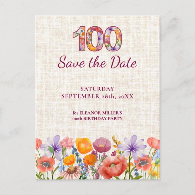 Postal De Anuncios Elegante Cumpleaños Número 100 - Número Floral 100 (Anverso)