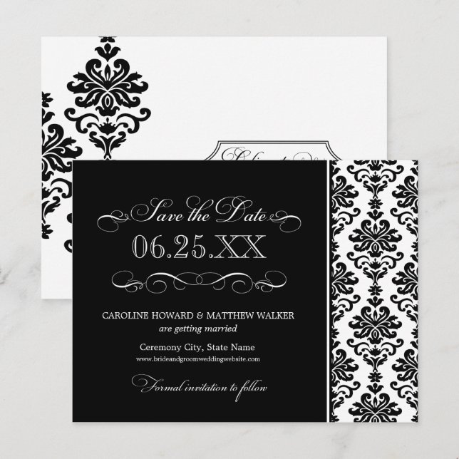 Postal De Anuncios Elegante damasco en blanco y negro para guardar la (Anverso / Reverso)