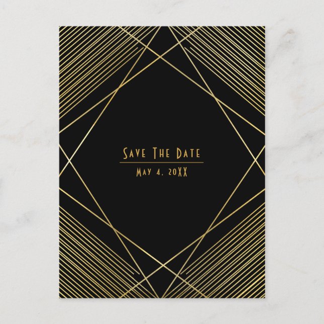 Postal De Anuncios Elegante Deco Moderno Dorado y Negro Save the Date (Anverso)