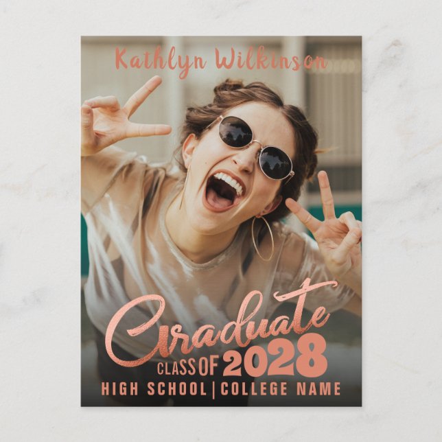 Postal De Anuncios Elegante Escritura en Oro Rosa Moderno para Gradua (Anverso)