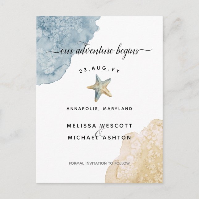 Postal De Anuncios Elegante Estrella de Mar Acuarela Costera Salva la (Anverso)