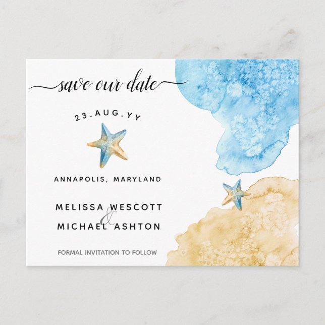 Postal De Anuncios Elegante Estrella de Mar Acuarela Costera Salva Nu (Anverso)