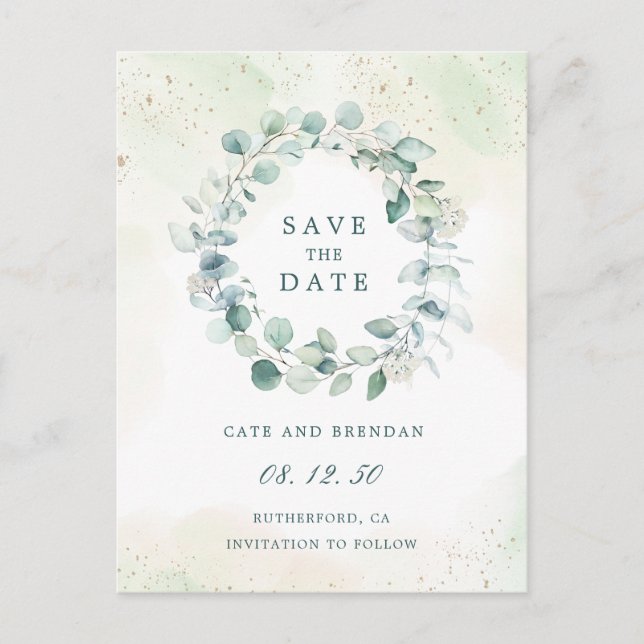Postal De Anuncios Elegante Eucalyptus Greenery Wedding Save The Date (Anverso)