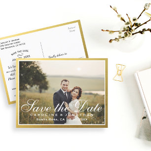 Postal De Anuncios Elegante Faux Gold Script Guardar la fecha con fot