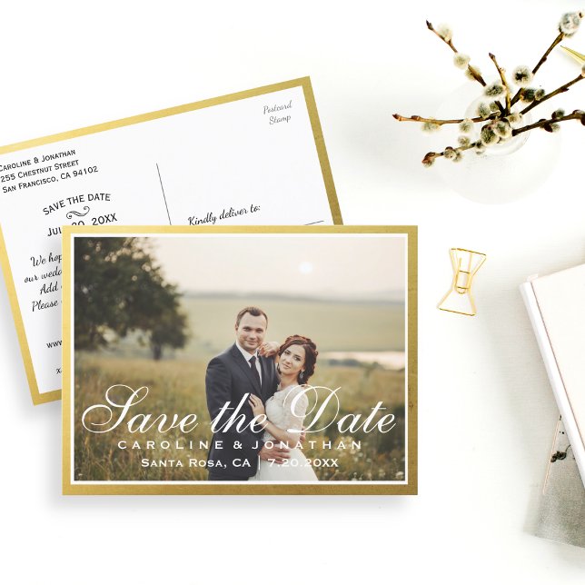 Postal De Anuncios Elegante Faux Gold Script Guardar la fecha con fot (Subido por el creador)