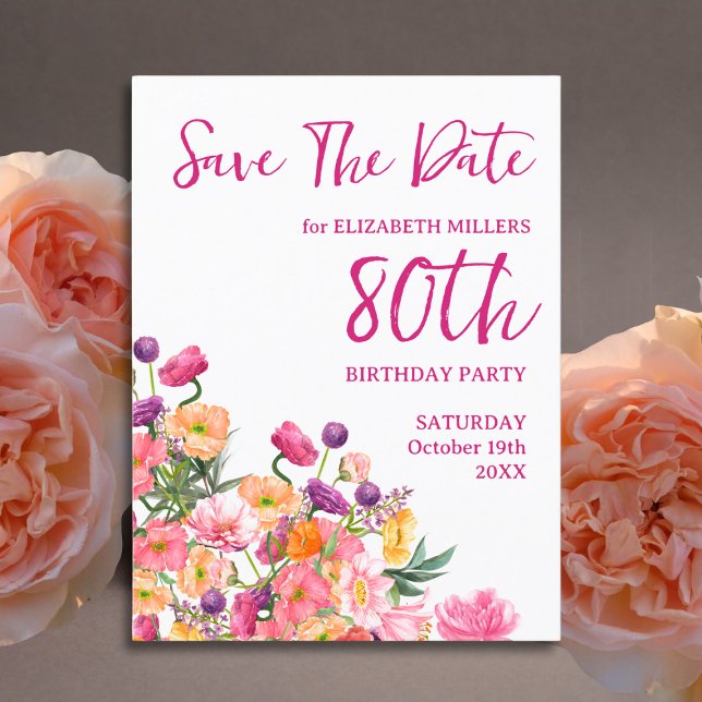 Postal De Anuncios Elegante Fiesta de Cumpleaños Floral 80, Guarde la (Subido por el creador)
