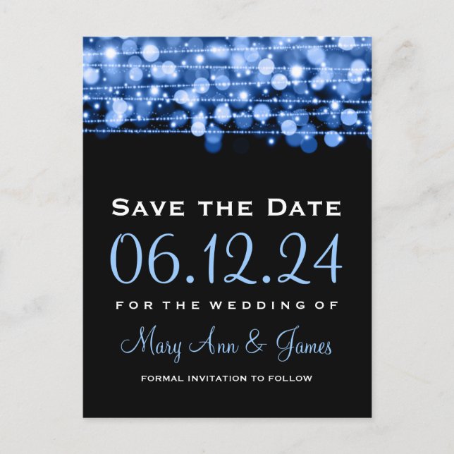 Postal De Anuncios Elegante fiesta de Save The Date con destellos azu (Anverso)