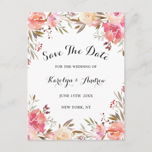 Postal De Anuncios Elegante Flor de Boda Save the Date con Tono Rosad (Anverso)