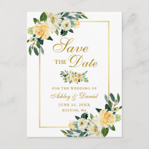 Postal De Anuncios Elegante Floral Amarillo Dorado Save the Date