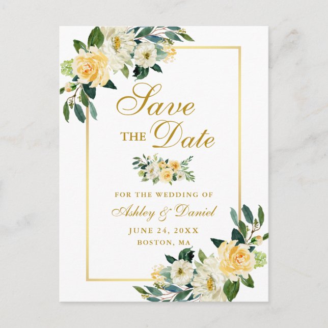 Postal De Anuncios Elegante Floral Amarillo Dorado Save the Date (Anverso)