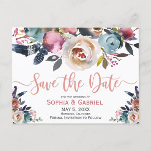 Postal De Anuncios Elegante Floral azul rosa y turbio salva la fecha