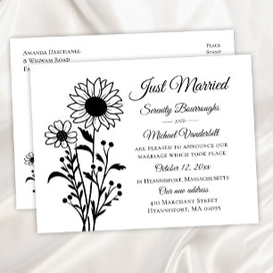 Postal De Anuncios Elegante floral blanco negro recién casado Boda