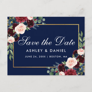 Postal De Anuncios Elegante Floral Borgoña Azul Save The Date
