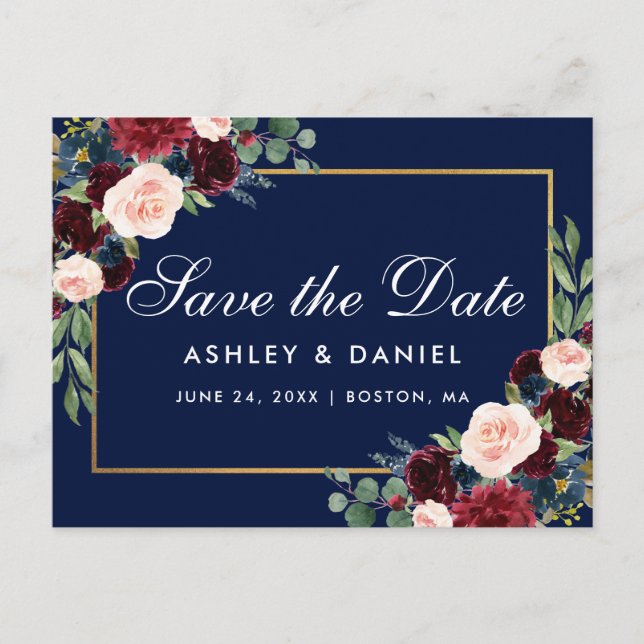 Postal De Anuncios Elegante Floral Borgoña Azul Save The Date (Anverso)