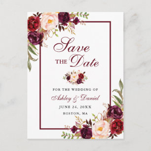 Postal De Anuncios Elegante floral borgoña Save The Date