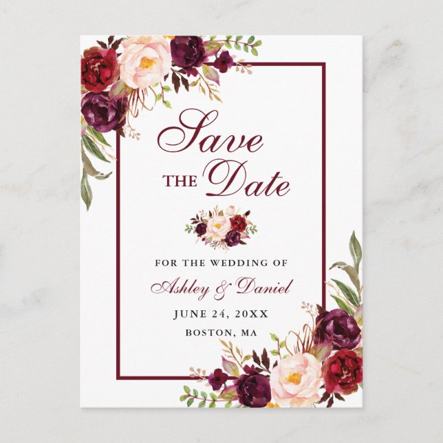 Postal De Anuncios Elegante floral borgoña Save The Date (Anverso)